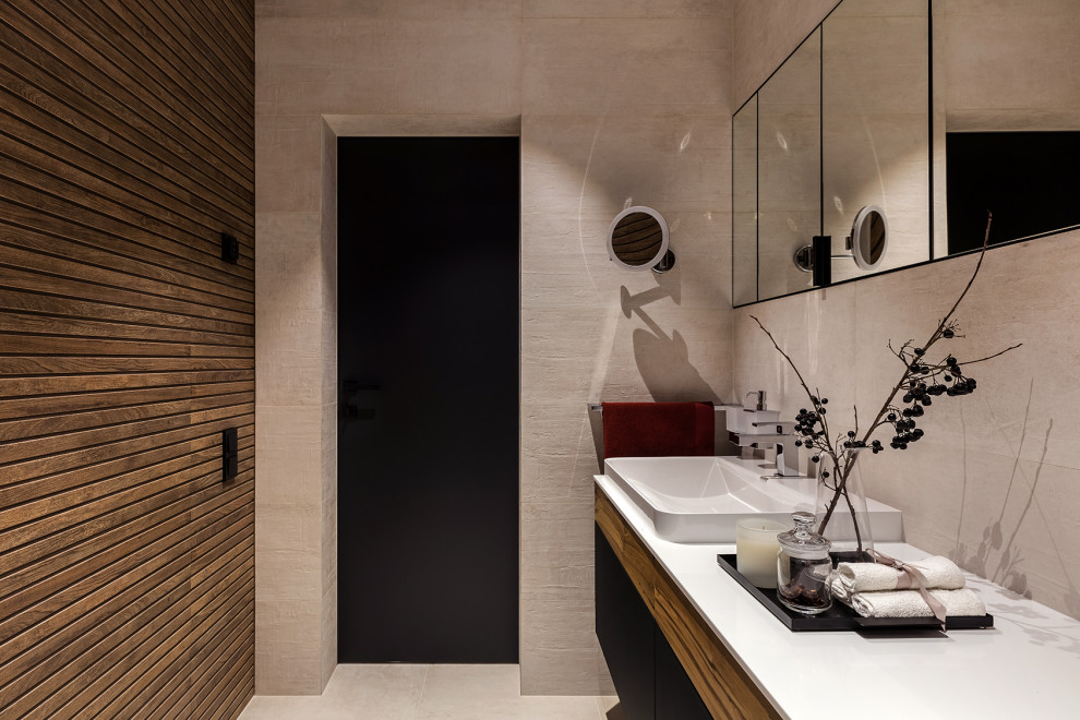 Свежая идея для дизайна: ванная комната среднего размера в стиле лофт с душем в нише, душевой кабиной, накладной раковиной, столешницей из искусственного кварца, тумбой под одну раковину и подвесной тумбой - отличное фото интерьера