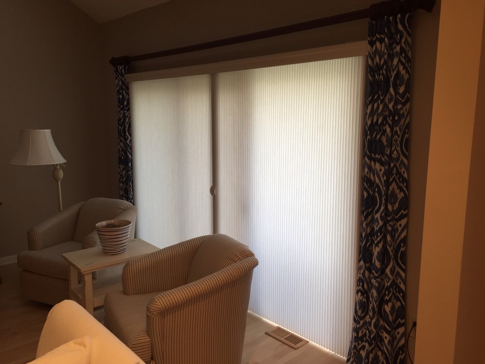 Duette with Vertiglide on 10 foot slider. Split draw with Architella Elon fabric