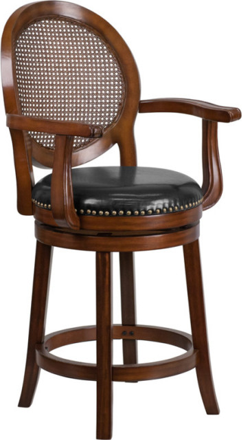 26'' High Expresso Wood Counter Height Stool, Black Leather Seat