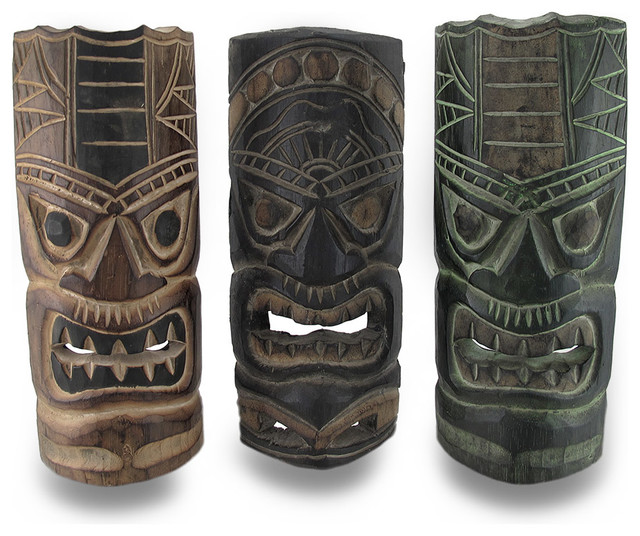 Polynesian-Style Primitive Stained Hand Carved Tiki Masks 11