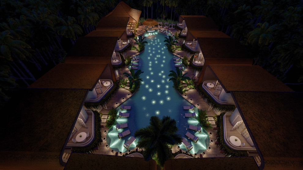 Ispirazione per un'ampia piscina naturale tropicale personalizzata nel cortile laterale con paesaggistica bordo piscina e pedane