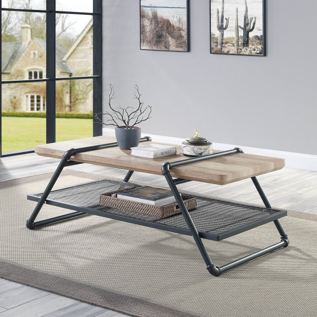 Image showcasing Industrial Oak and Sandy Gray Coffee Table with Pipe Metal Frame and ...