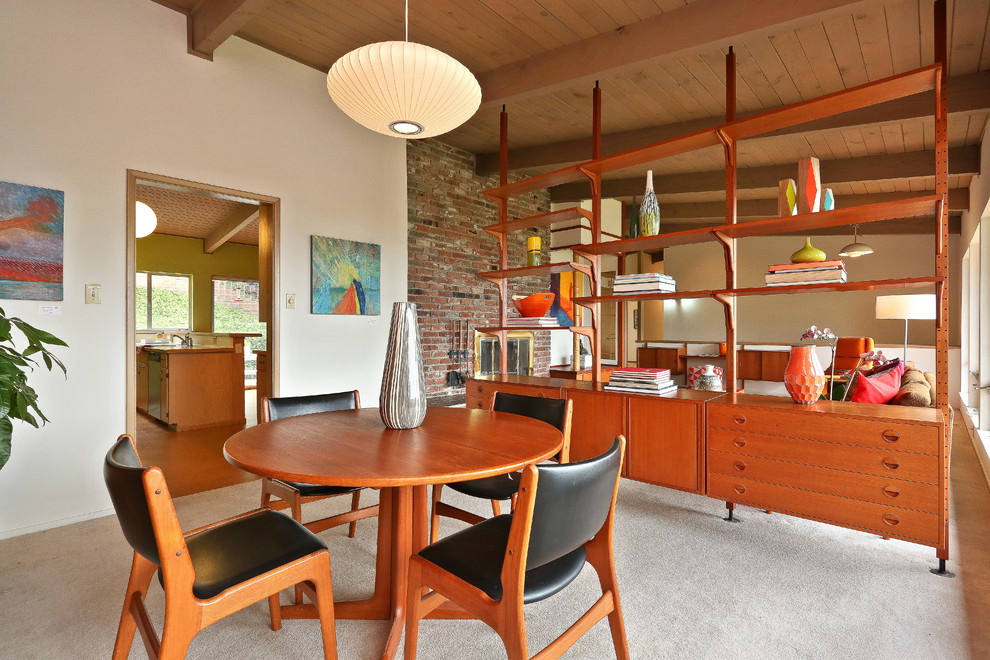 Mid-sized midcentury open plan dining in San Francisco with white walls, carpet, no fireplace and grey floor.