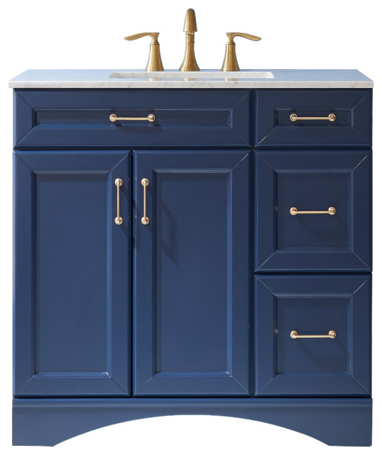 Naples Vanity, Royal Blue With Marble Countertop Transitional