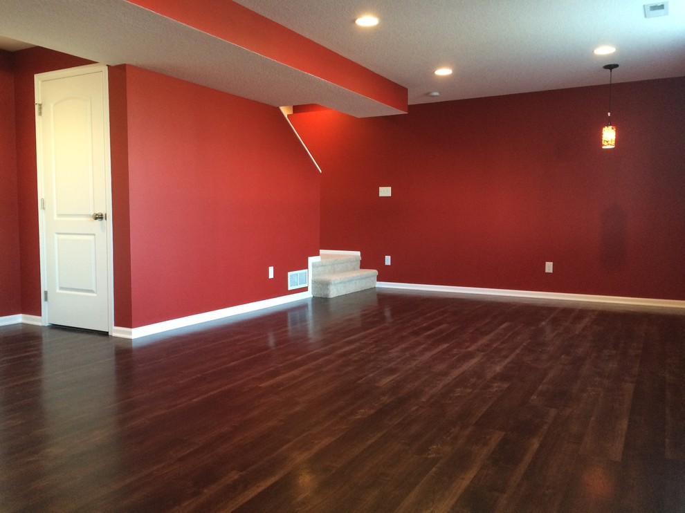 Example of a large transitional look-out dark wood floor basement design with red walls and no fireplace