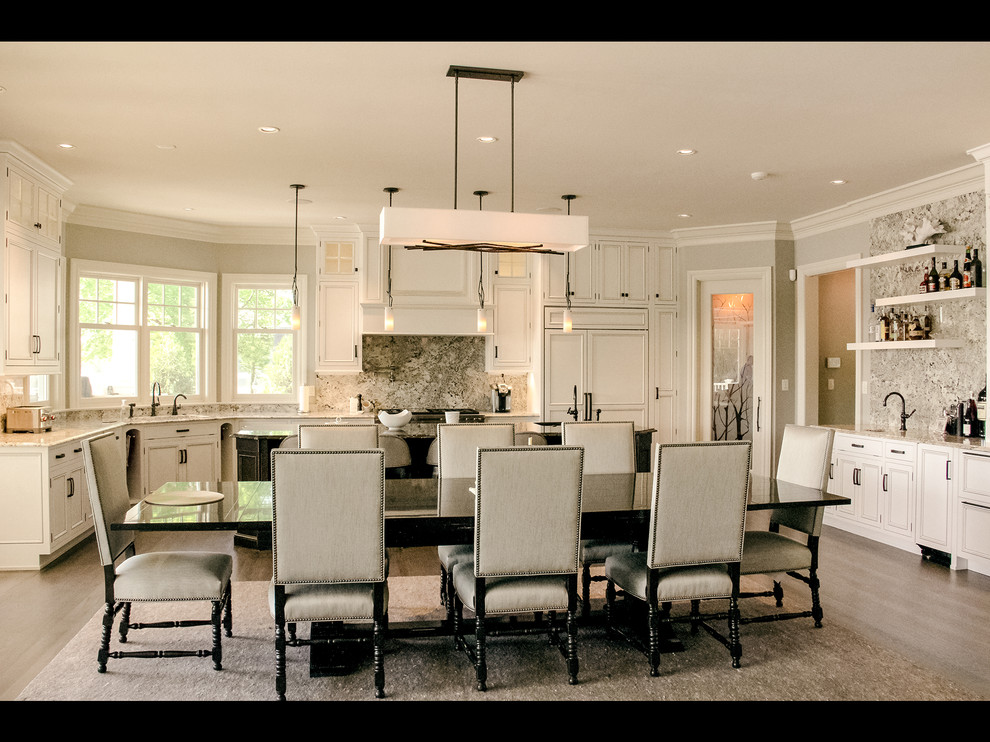 Inspiration for a large beach style open plan dining in Other with grey walls, dark hardwood floors and brown floor.