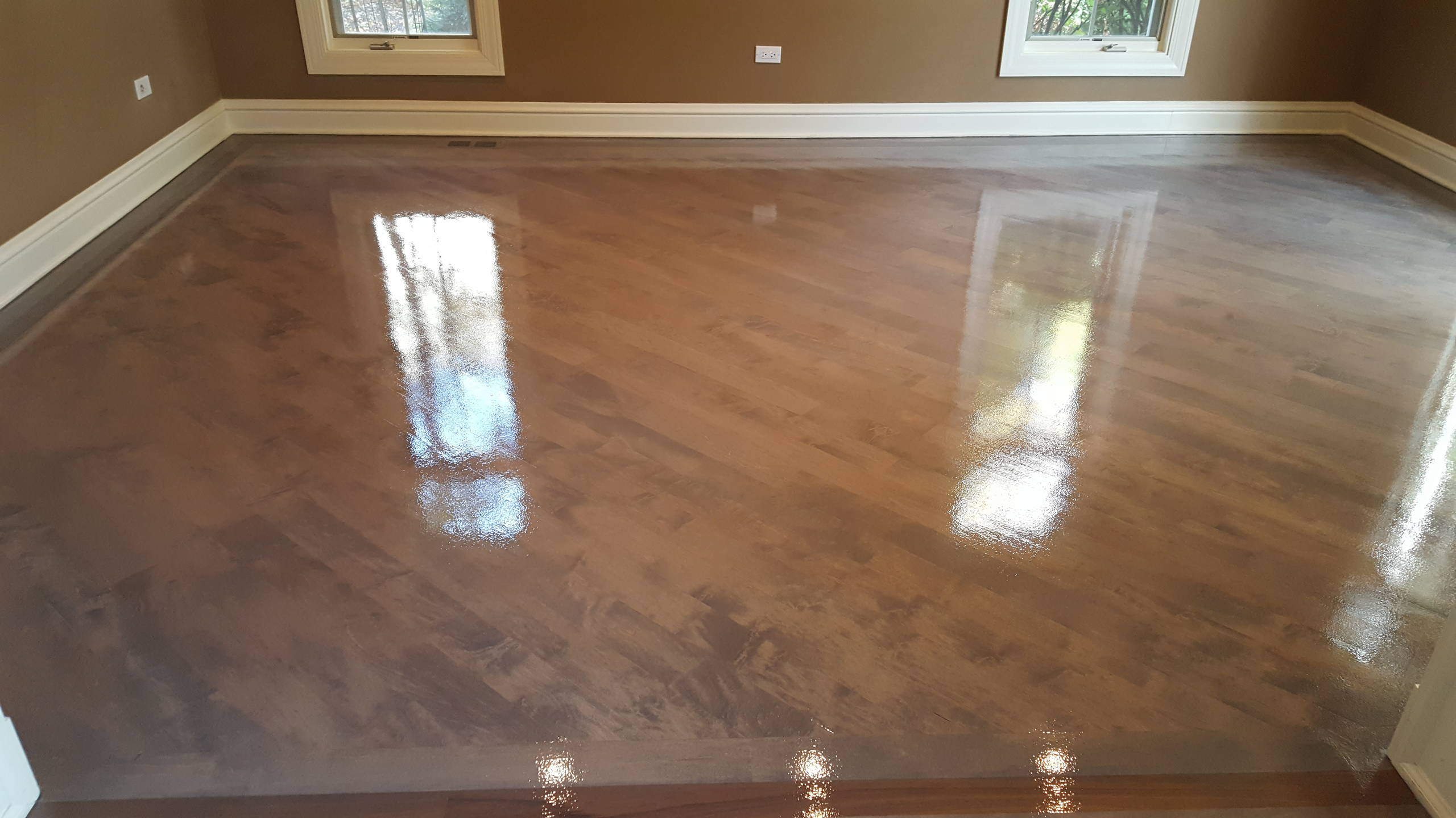 3 and 1/4 maple Classic Gray stain from Minwax , 4 coats satin water base finish