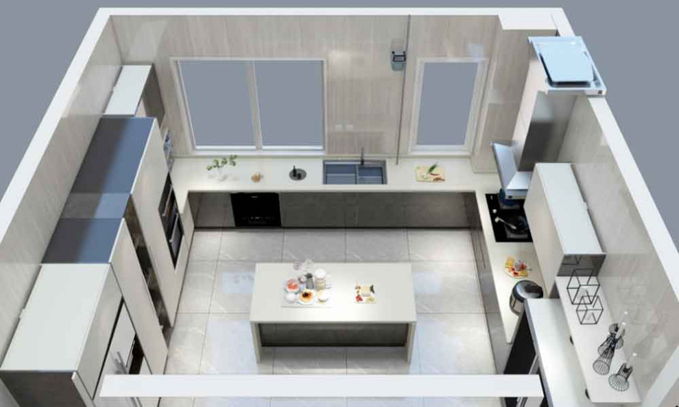 Große Moderne Wohnküche in U-Form mit flächenbündigen Schrankfronten, weißen Schränken, Quarzit-Arbeitsplatte, Kücheninsel und weißer Arbeitsplatte in Los Angeles