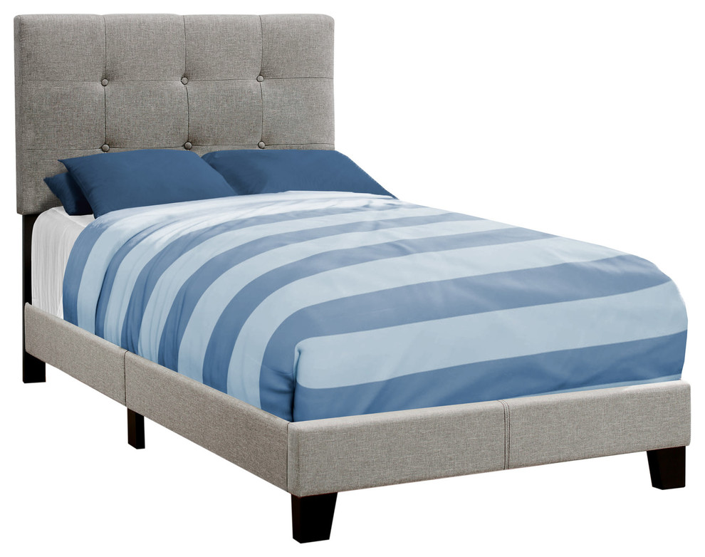 Contemporary Upholstered Bed, Gray, Twin, Material: Linen