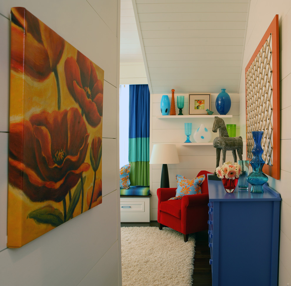 Design ideas for a large country gender-neutral kids' playroom for kids 4-10 years old in Atlanta with white walls, dark hardwood floors and black floor.