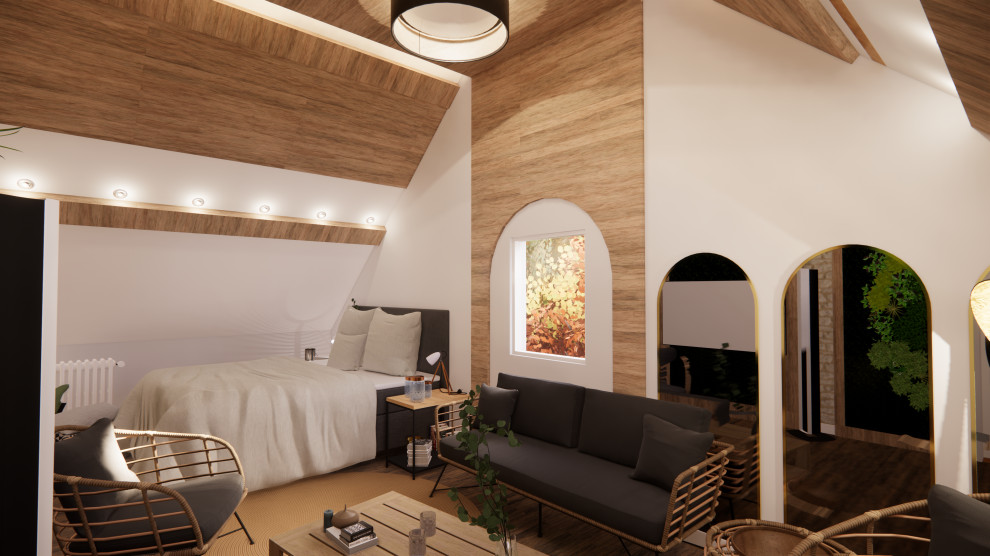 Источник вдохновения для домашнего уюта: большая спальня в белых тонах с отделкой деревом на антресоли в современном стиле с белыми стенами, полом из фанеры, коричневым полом, балками на потолке и деревянными стенами без камина