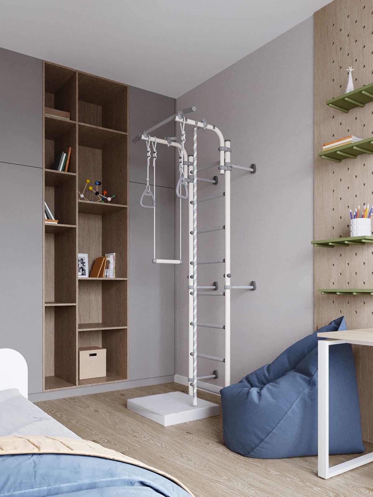 Современный интерьер дома с акцентами лестного цвета