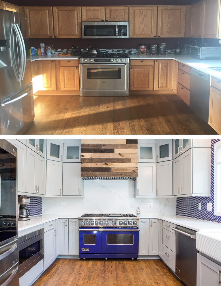 Eat-in kitchen - huge transitional u-shaped eat-in kitchen idea in Denver with shaker cabinets, gray cabinets, quartz countertops, blue backsplash, no island and white countertops