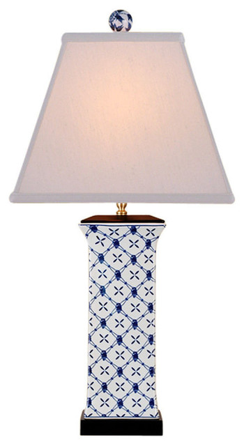 Blue and White Geometric Square Porcelain Vase Table Lamp 28"