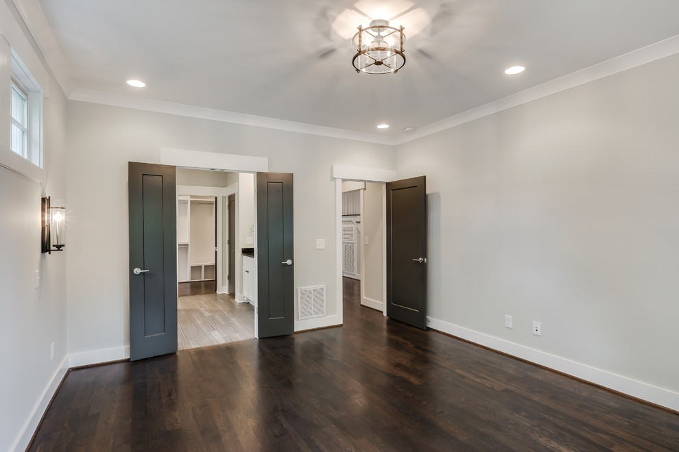 Mid-sized arts and crafts master bedroom in Nashville with grey walls, dark hardwood floors and no fireplace.
