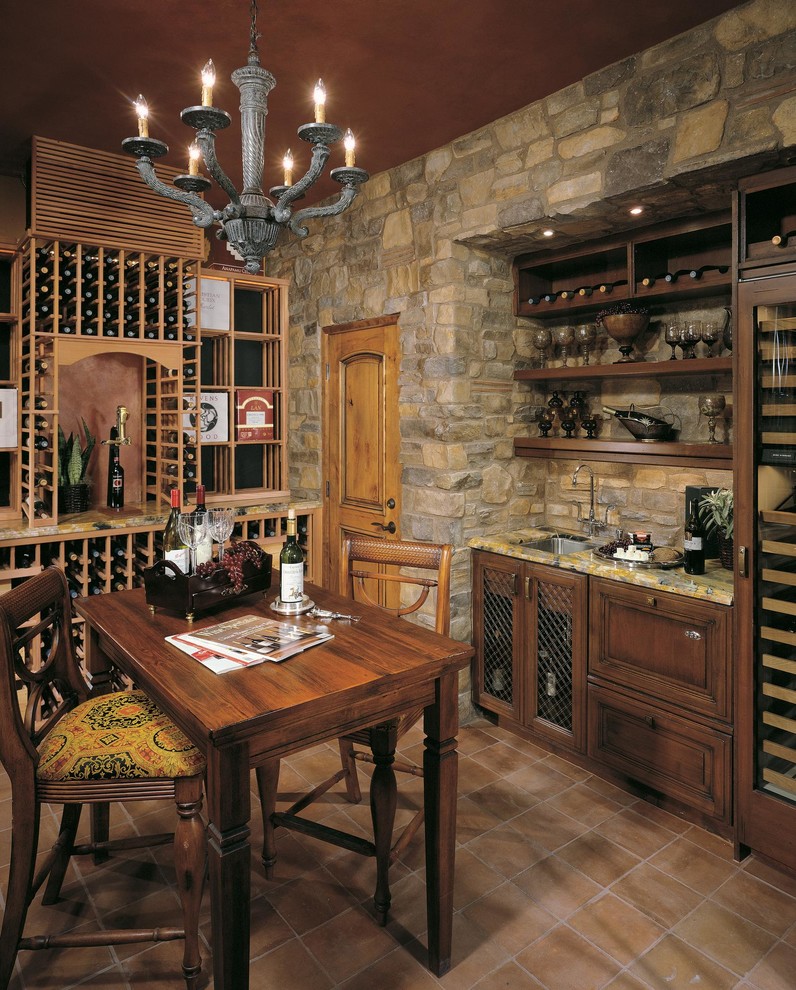 Country wine cellar in San Diego with storage racks.