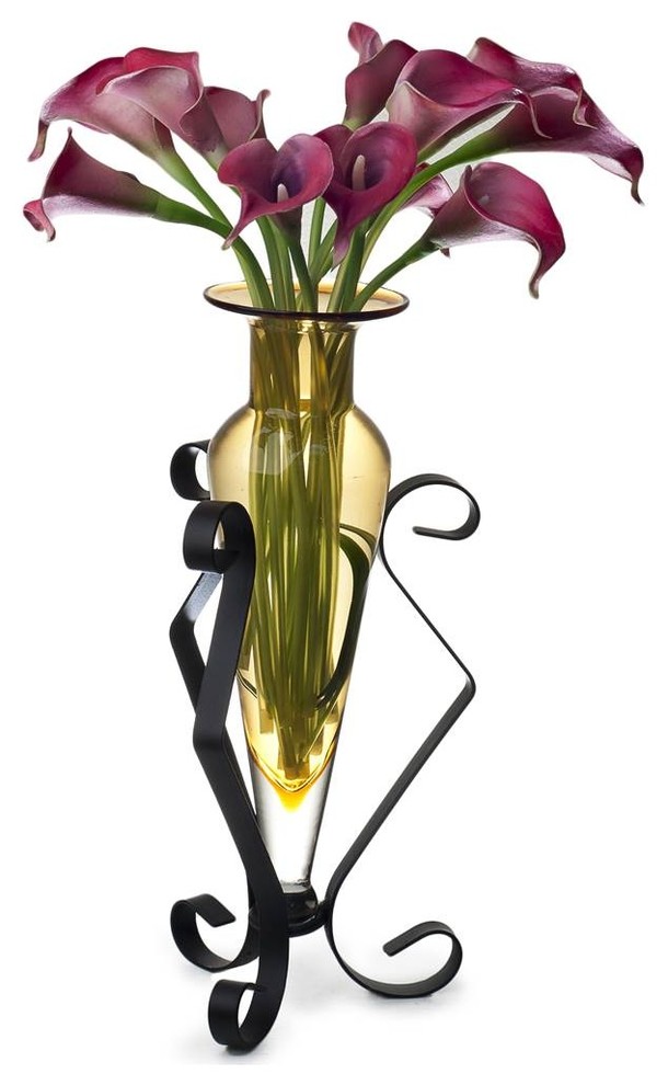 Amphora Glass Vase on Metal Stand, Amber Traditional Vases by ShopLadder