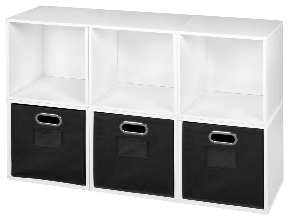 Niche Cubo Storage Set - 6 Cubes and 3 Canvas Bins- White Wood Grain/Black