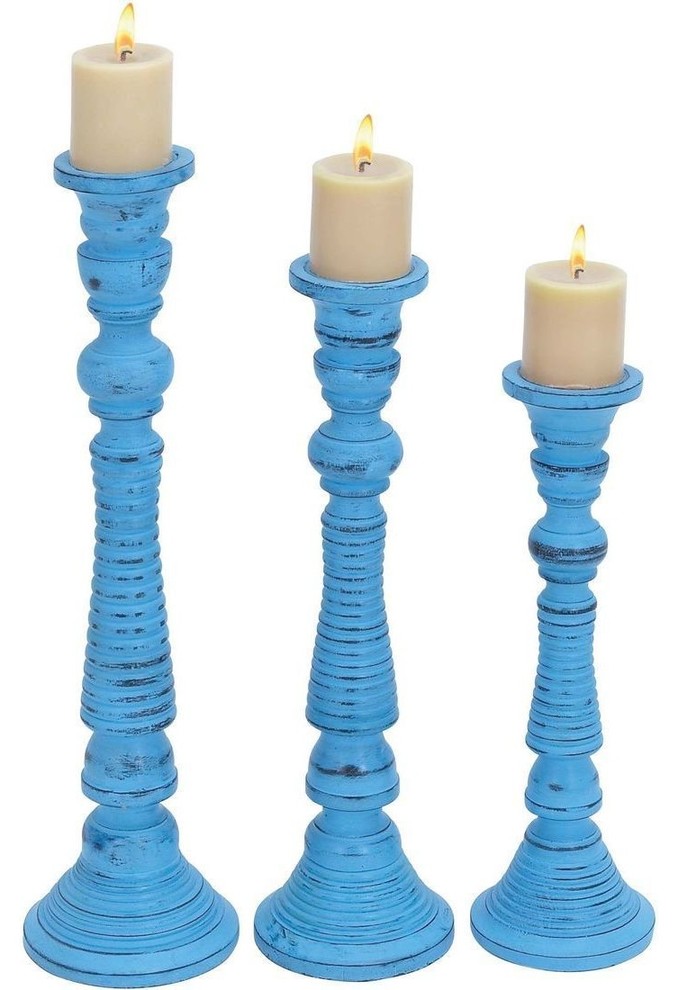 Contemporary Wood Candle Holder with Wide Base - Set of 3
