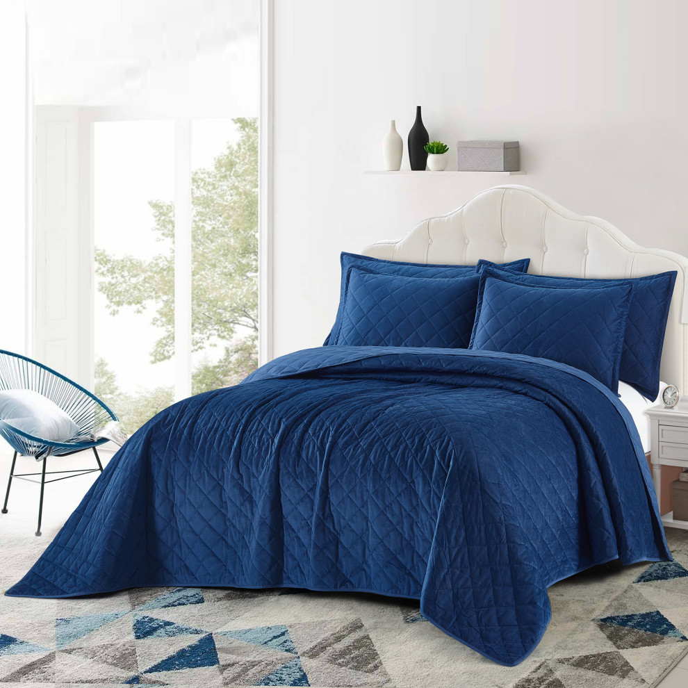 Velvet Quilted 5 Piece Bed Spread Set, Blue, Over-Sized King 122" X 106"
