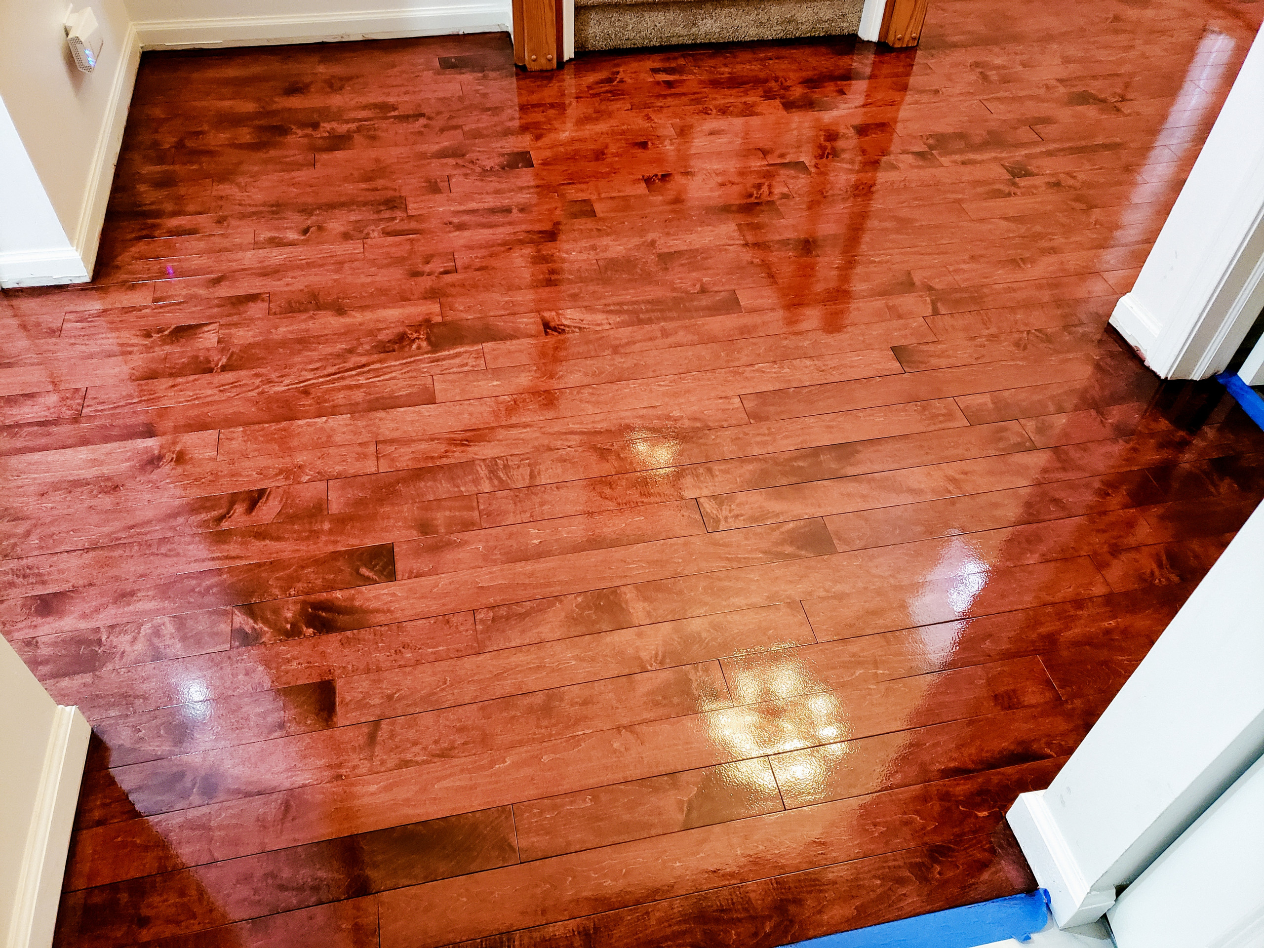 Aurora engineered floors refinished , custom stain , satin sweedish finish