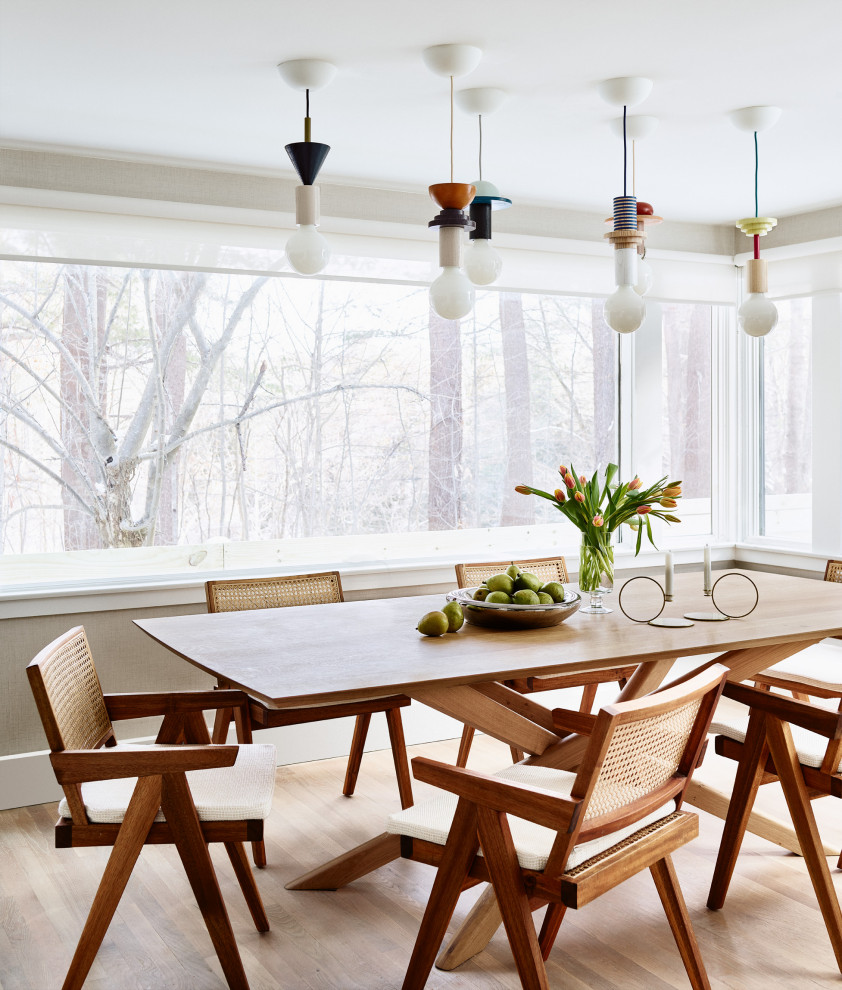 This is an example of a mid-sized modern dining room in Boston with white walls, medium hardwood floors and no fireplace.