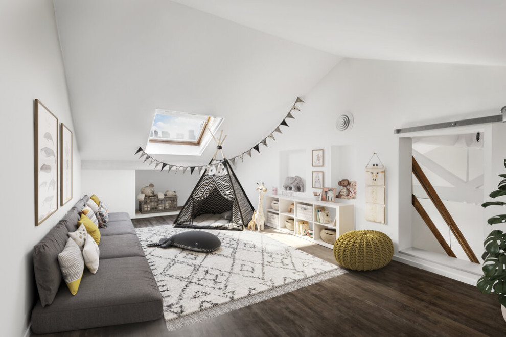 Example of a large transitional gender-neutral dark wood floor, brown floor and vaulted ceiling kids' room design in New York with white walls