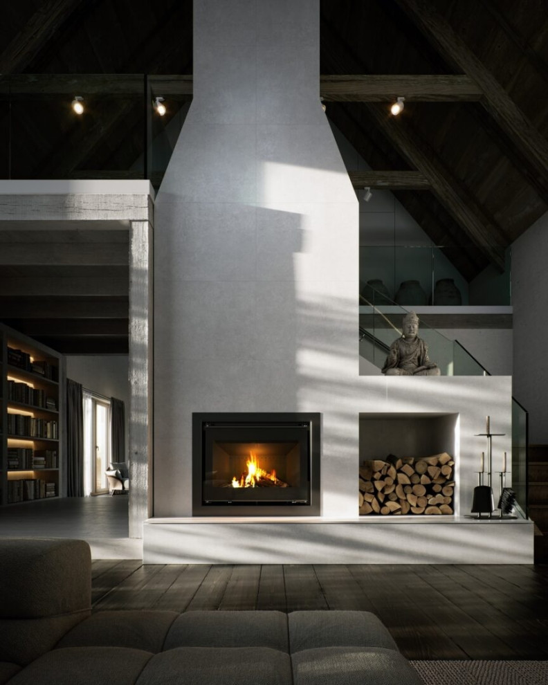 Тёплый вечер в доме с панорамными окнами и живым огнём.