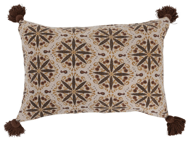 Recycled Cotton Blend Lumbar Pillow With Floral Medallion Print and Tassels