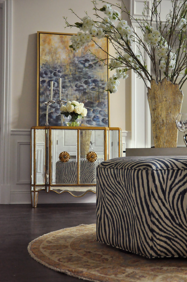 Example of a large transitional dark wood floor foyer design in New York with beige walls and a dark wood front door