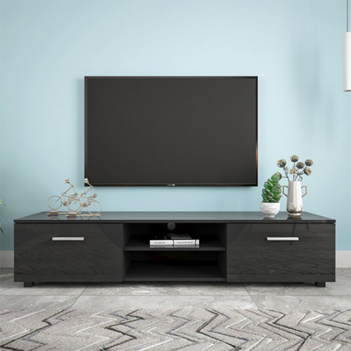 Black TV Stand 2 Storage Cabinet Media Console with open shelves ...