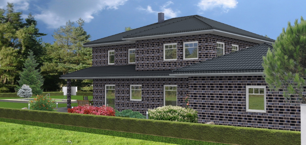 Großes, Einstöckiges Eklektisches Einfamilienhaus mit gestrichenen Ziegeln, schwarzer Fassadenfarbe, Walmdach, Ziegeldach und schwarzem Dach in Hannover