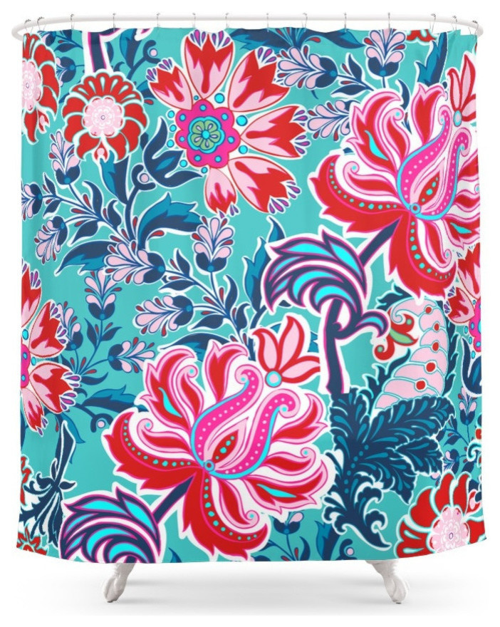 Bohemian Floral Paisley In Turquoise Red And Pink Shower Curtain
