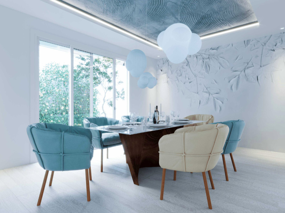 Idée de décoration pour une salle à manger ouverte sur la cuisine design de taille moyenne avec un mur blanc, un sol en contreplaqué, un sol beige, un plafond en papier peint et du papier peint.