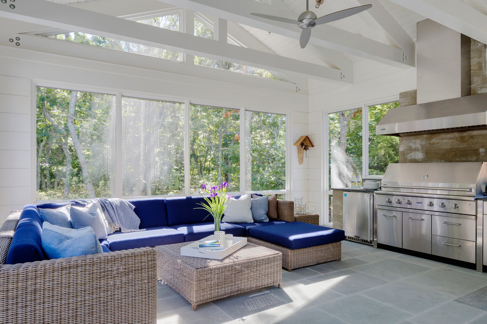 Inspiration for a beach style sunroom in Boston with ceramic floors and a standard ceiling.
