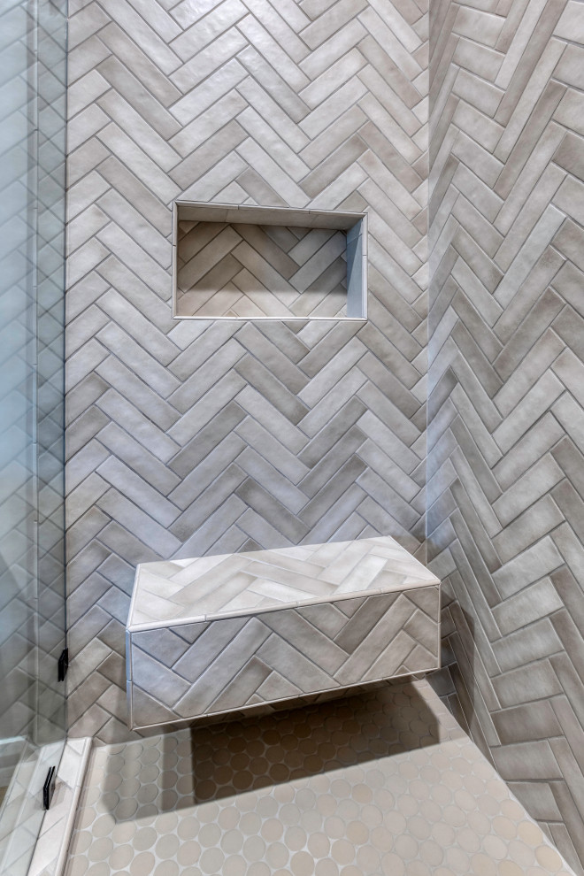 Herringbone Marble Shower Tile & Built In Bench | French Country Transitional Es