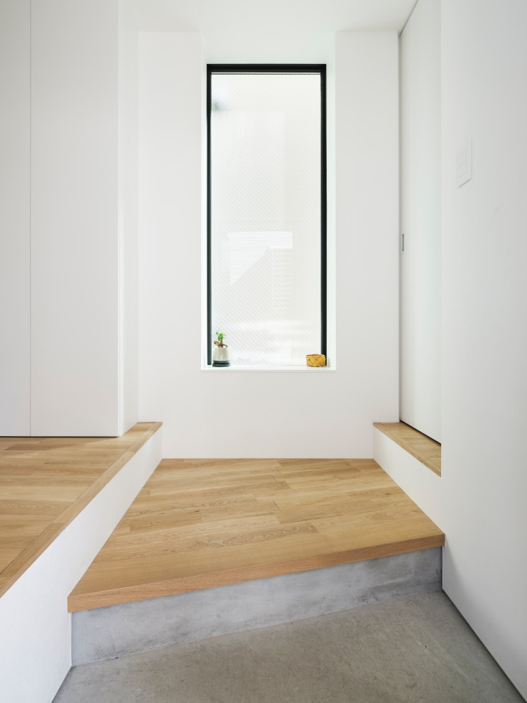 Стильный дизайн: маленькая узкая прихожая в скандинавском стиле с белыми стенами, одностворчатой входной дверью, черной входной дверью, коричневым полом, потолком с обоями и обоями на стенах для на участке и в саду - последний тренд