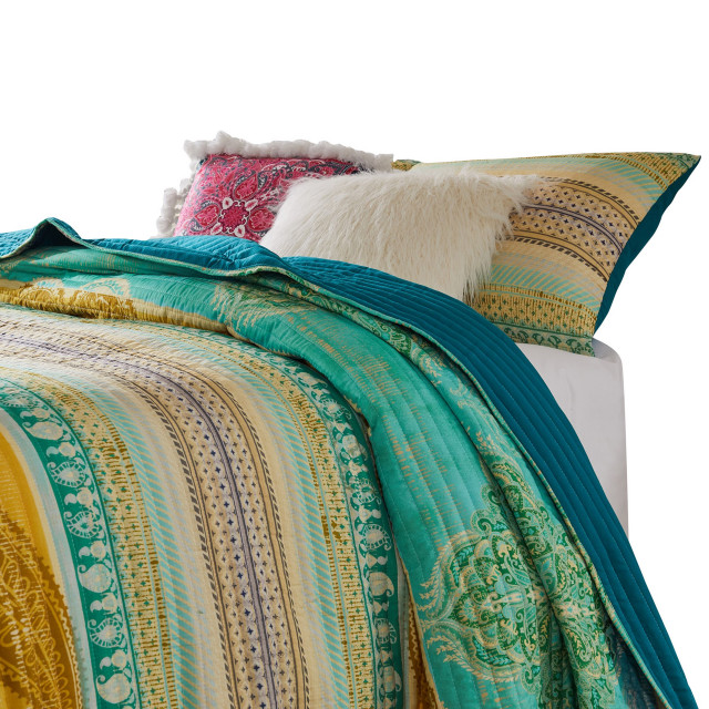 Benzara 2 Piece Bohemian Twin Quilt Set, Medallion, Paisley, Blue ...