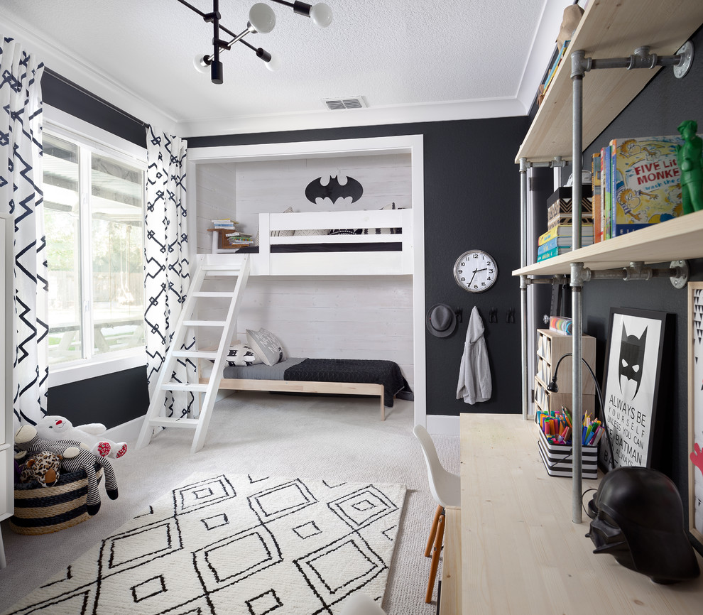 Design ideas for a transitional kids' bedroom for kids 4-10 years old and boys in Sacramento with black walls, carpet and white floor.