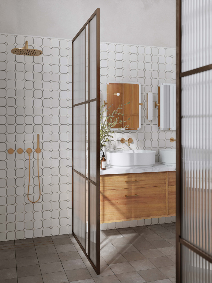 Design ideas for a large scandinavian master bathroom in New York with flat-panel cabinets, medium wood cabinets, a freestanding tub, a curbless shower, a wall-mount toilet, white tile, ceramic tile, white walls, cement tiles, a vessel sink, marble benchtops, grey floor, an open shower, white benchtops, a niche, a double vanity, a floating vanity and exposed beam.