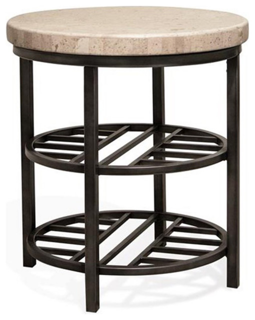 Bowery Hill Modern Metal 22" Round Storage End Table with Stone Top in
