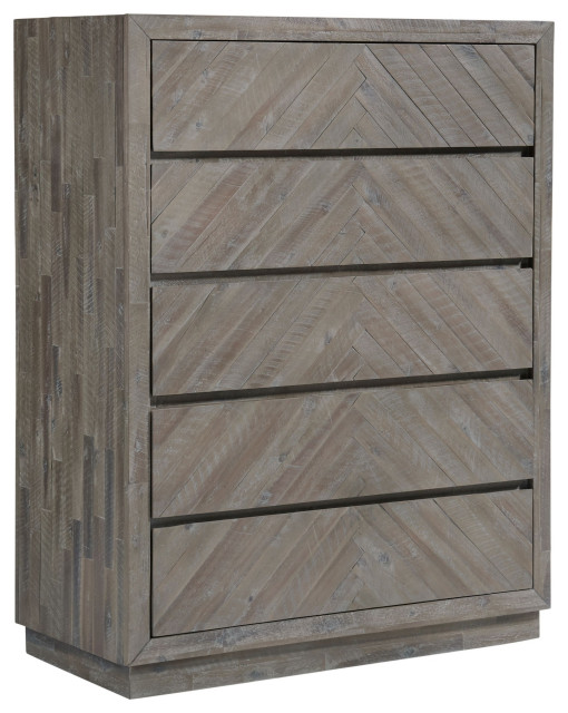 5 Drawer Wooden Chest With Herringbone Pattern, Weathered Brown