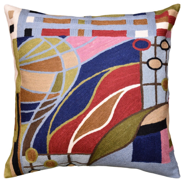 Kashmir Designs Hundertwasser Big Way Modern Decorative Pillow Cover Handembroidered Wool 18x18