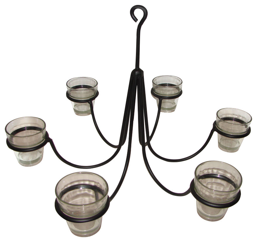 Wrought Iron 6 Arm Votive Candle Chandelier With Pots, Hand Made