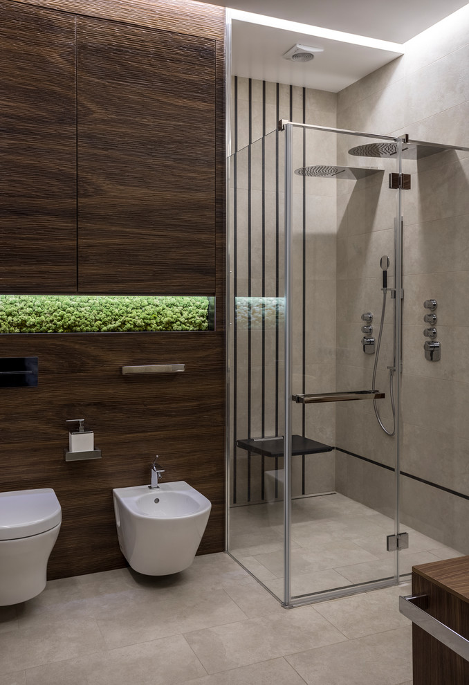 Design ideas for a mid-sized contemporary 3/4 bathroom in Moscow with a double shower, beige tile, travertine, travertine floors, beige floor, a hinged shower door and a bidet.