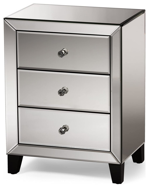 Elegant Nightstand, Mirrored Design With Beveled Edges and 3 Drawers
