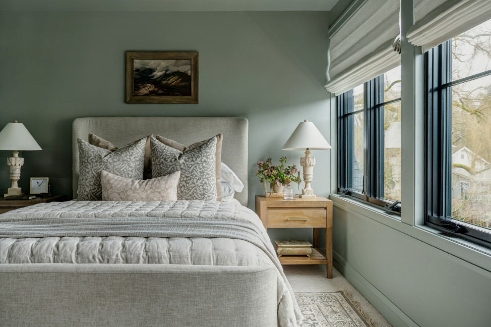 Transitional carpeted and beige floor bedroom photo in Seattle with green walls