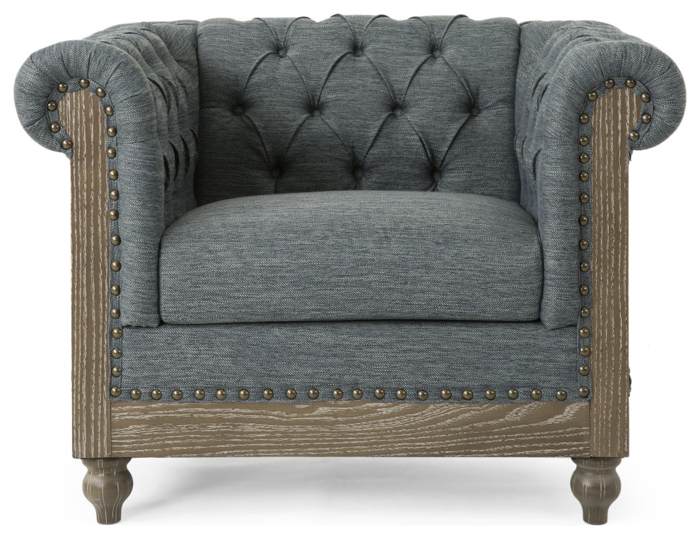 Alejandro Chesterfield Tufted Fabric Club Chair with Nailhead Trim, Charcoal and