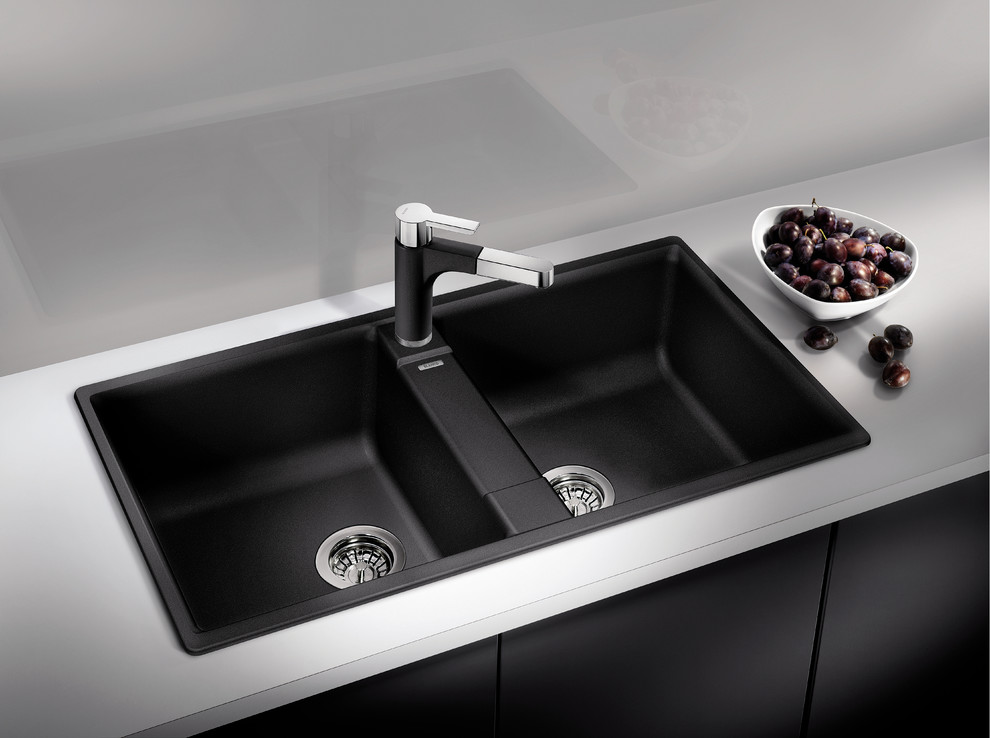 Photo of a kitchen with a double-bowl sink.