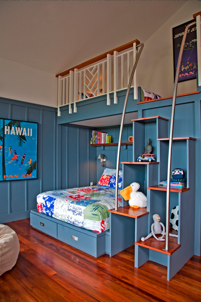 This is an example of a tropical gender-neutral kids' bedroom for kids 4-10 years old in Hawaii with blue walls and medium hardwood floors.